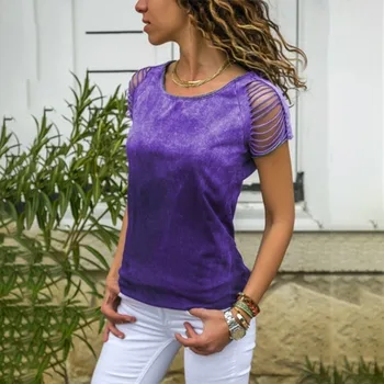 

Plus Size 5XL Gradient Short Sleeve Women's Tshirt Hollow Out Solid O-neck Female T-shirt 2020 Summer Casual Vague Women Tshirts