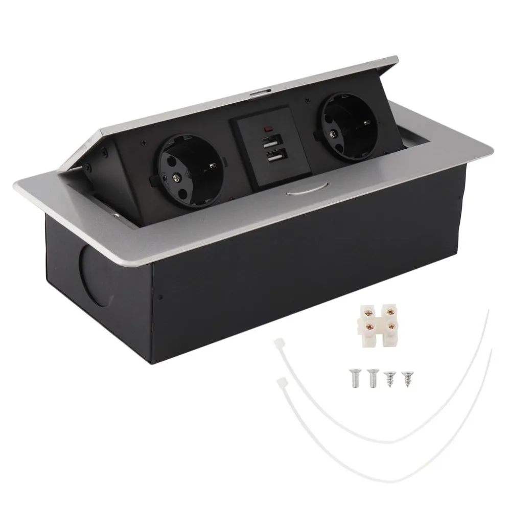 

(Ship From DE)Practical Silver Round Side Desktop Conference Table Pop-Up Socket 2 Outlets Plug + 2USB Inserts EU Plug