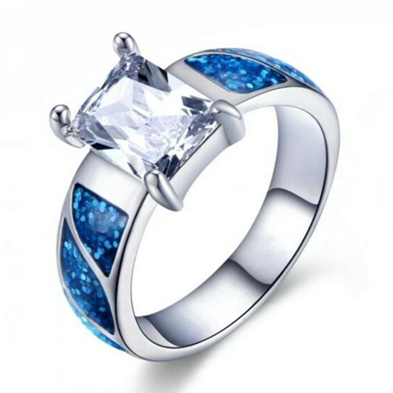 Light Blue Square Zircon Rings For Female Male Black Gold