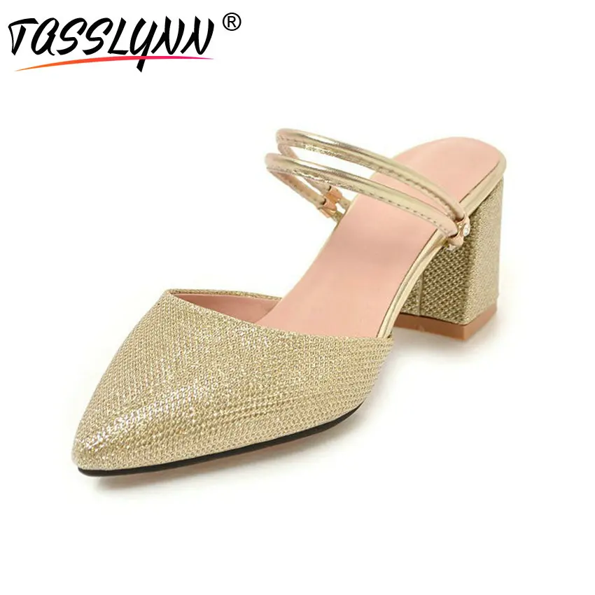 

TASSLYNN 2018 Women Slippers Sexy Bling Pointed Toe PU Party Shoes Mature Narrown Band Square High Heels Women Shoes Size 34-43
