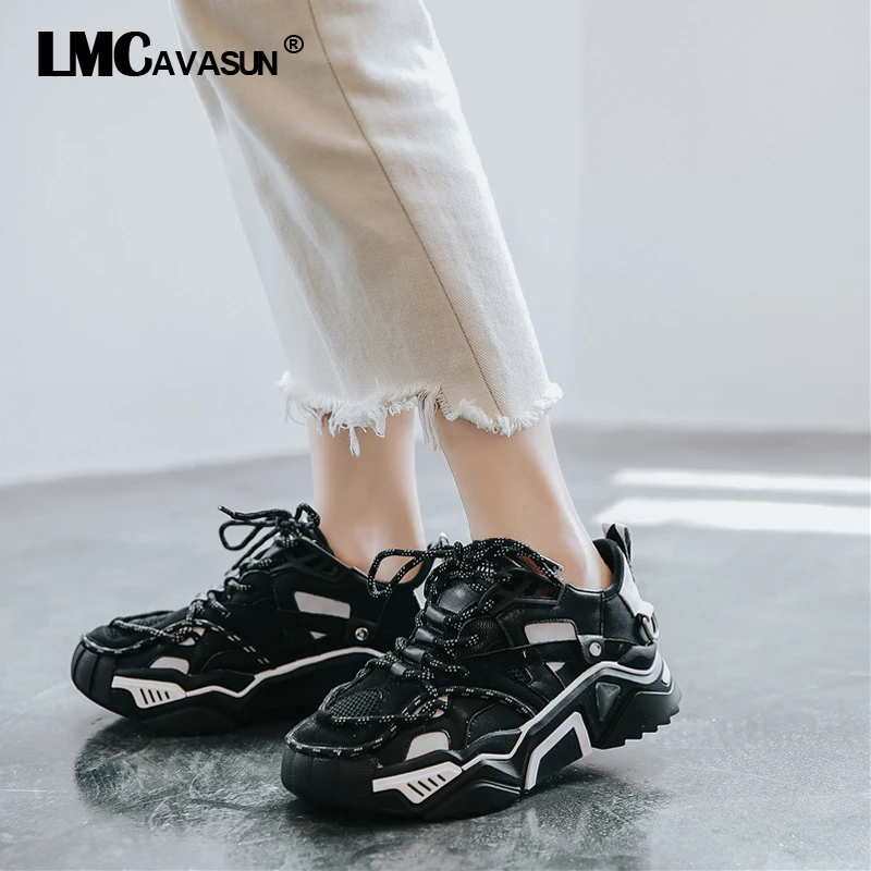 

LMCAVASUN Brand Women's Platform Sneakers Leather Mesh Women Chunky Sneaker Fashion Thick Sole Woman Dad Shoes Ladies Flat