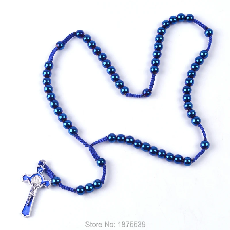 Мужские Плетеные четки из гематита St Benedict Cross черные и синие Бусины|rosary necklace|8