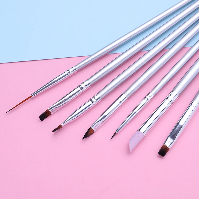 

7 Pcs UV Gel Nail Brushes Set Silver Handle Copper Acrylic Painting Cuticle Remove Liner Brush Manicure Nail Art Tool Kit