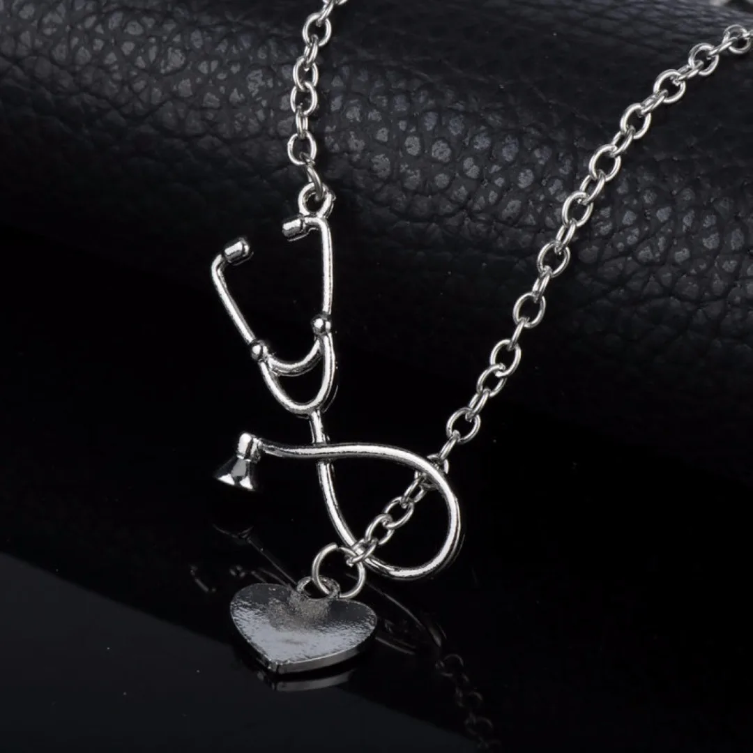 4 Colors Doctor Nurse Stethoscope Lariat Heart Pendant Chain Necklace Jewelry