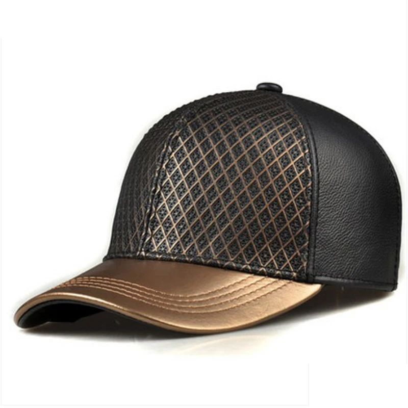 

RY988 Exclusive 2019 Unisex Hip Hop Genuine Leather Baseball Hats For Man/Woman Golden Caps Grid Net Surface Street Luxury Gorro