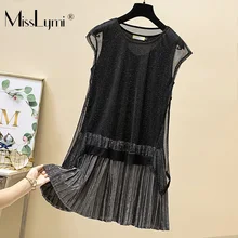 XL-5XL размера плюс женское блестящее платье Лето с коротким рукавом сексуальное открытое Сетчатое лоскутное свободное повседневное плиссированное платье с оборками