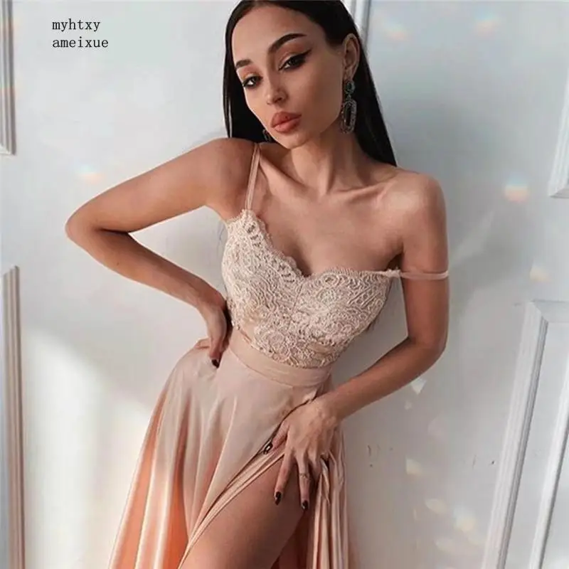 china Sweetheart Spaghetti Straps Floor Length Sexy Side Slit Silk Lace Applique Satin Evening Dresses Prom Gowns | Свадьбы и