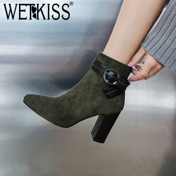 

WETKISS Autumn New Metal Decor Women Ankle Boots Pointd Toe Thick Heel High Shoes Zip Sexy Female Bootie Simple Belt Buckle Boot