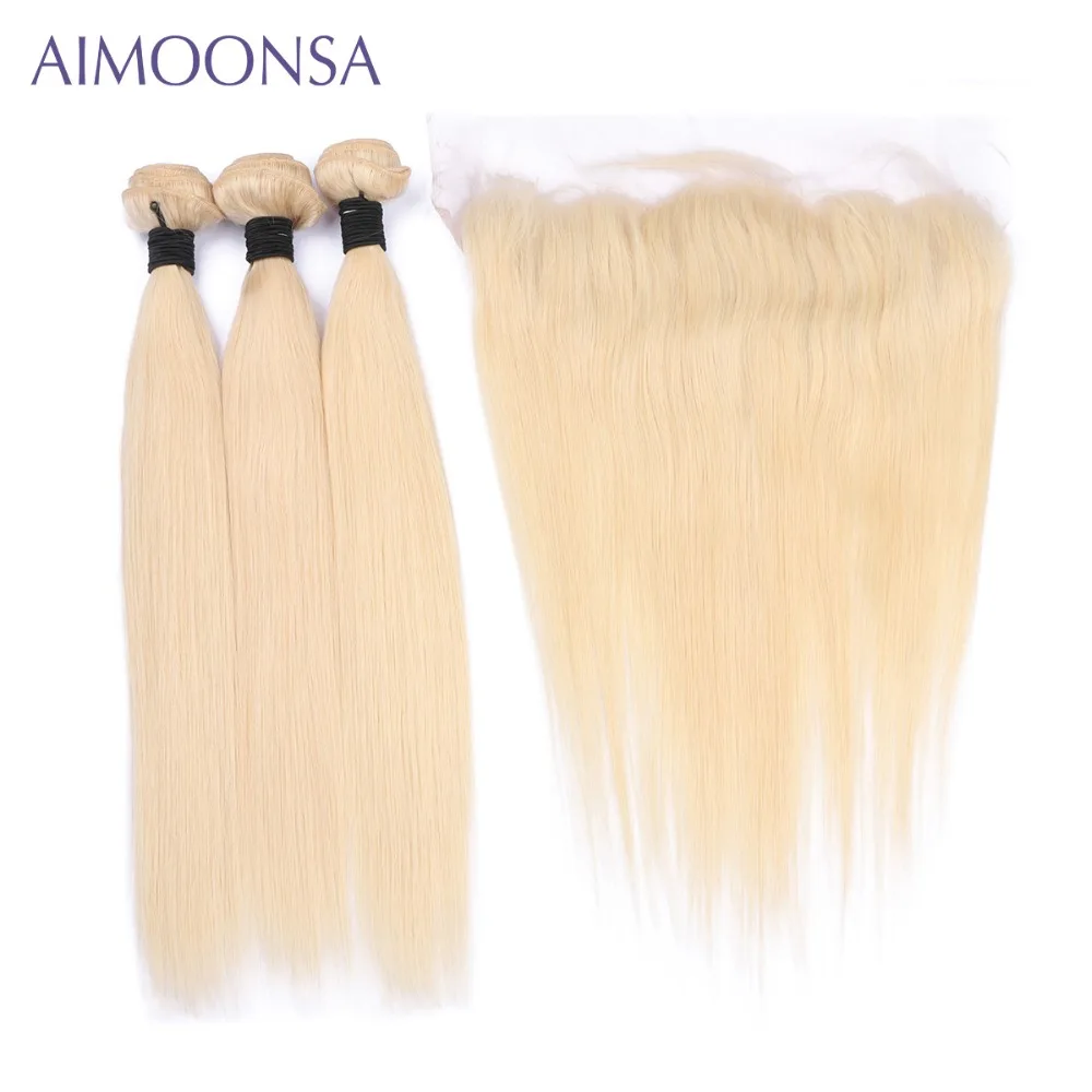 Aimoonsa 613 Blonde Straight Brazilian Hair Weave Human Hair Bundles with Closure 3PC Remy Hair and 1PC Lace Frontal Closure