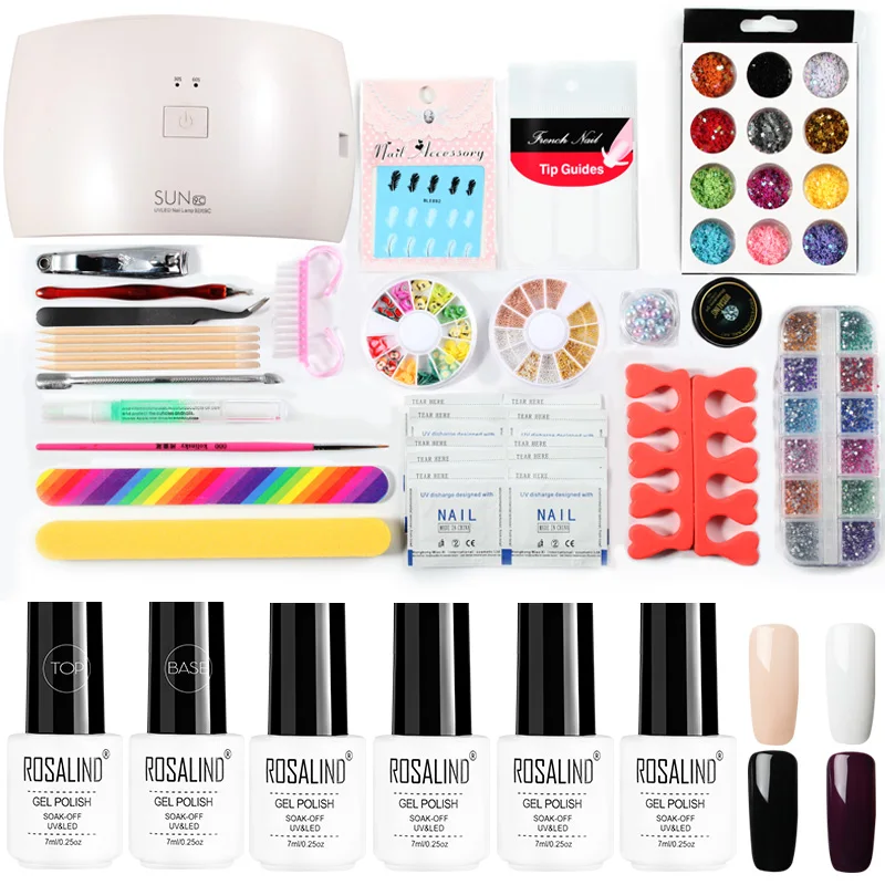 ROSALIND наборы для гелевых ногтей с лампой Набор для маникюра инструменты для ногтей верхнее Базовое покрытие полуперманентный праймер дизайн ногтей гель лак гибридный набор