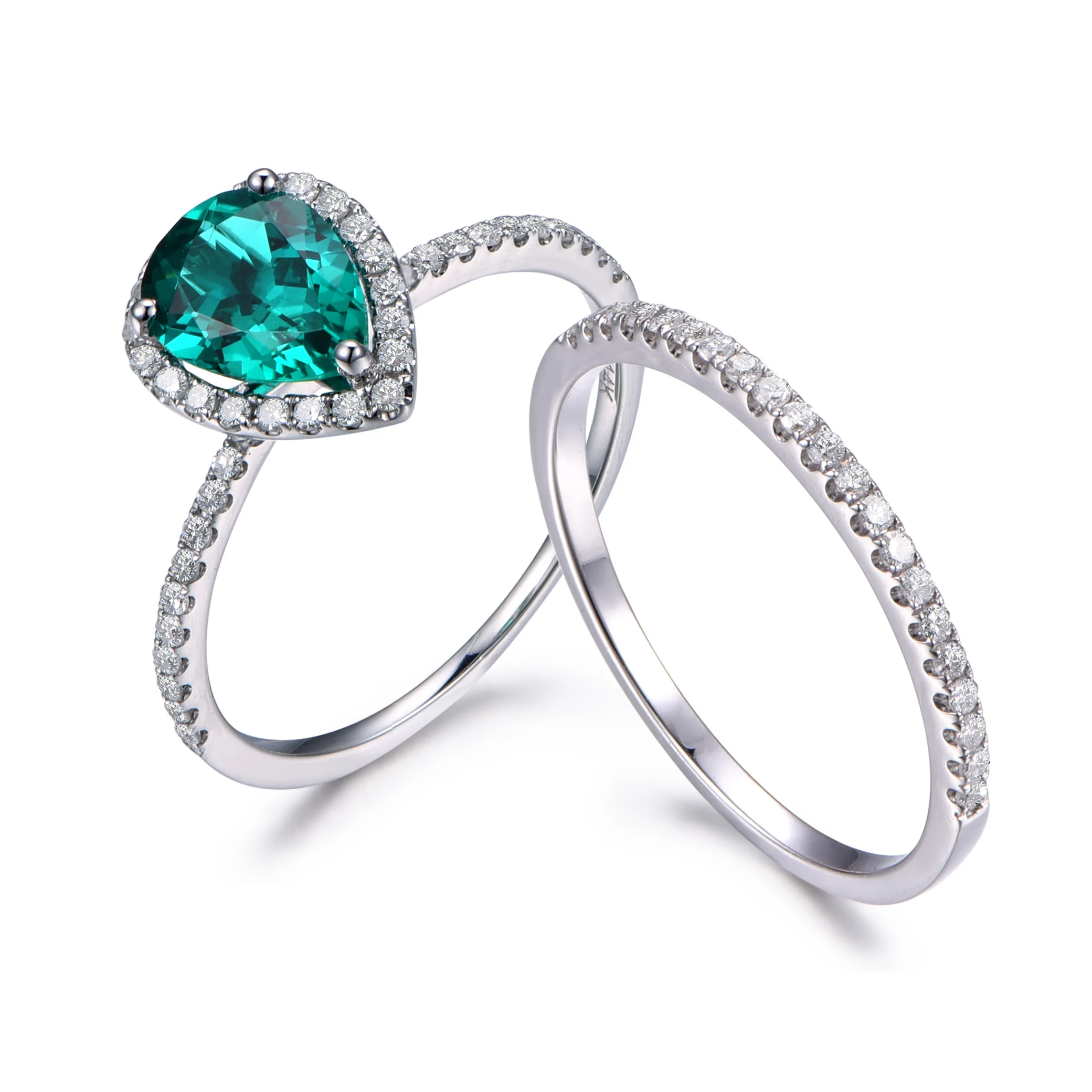 

MYRAY 6x8mm Pear Shape Green Lab-treated Emerald Ring Set,Simple Diamond Wedding Band,Diamond Matching Band