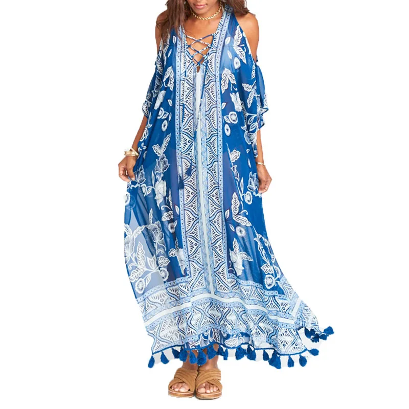 long beach tunic FORERUN платья с открытыми плечами для женщин летние длинные макси кисточкой пляжная туника Винтаж печатных шифон повседневное V образным вырезом халат Longue - Цвет: long beach tunic