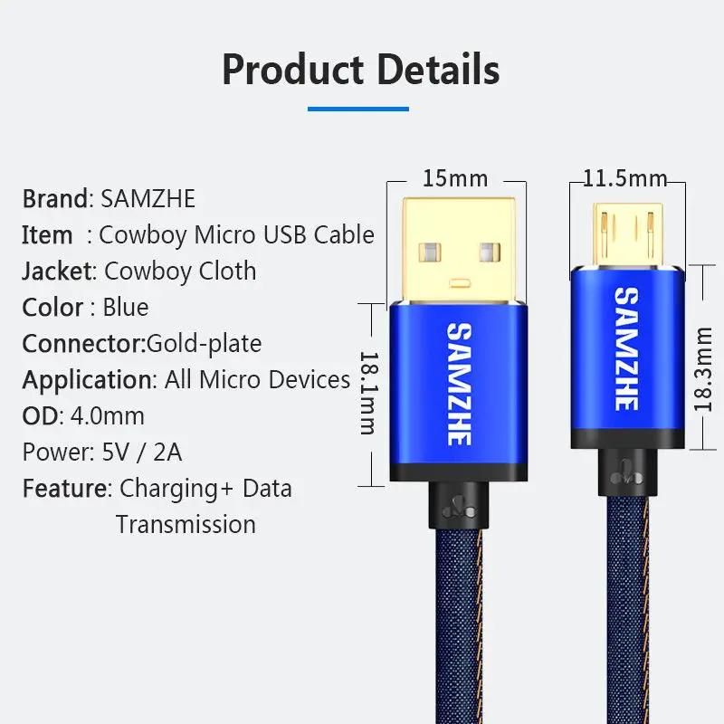 Samzhe Micro USB кабель 1 м 1,5 м 2A быстрое зарядное устройство кабель для передачи данных джинсовый Плетеный зарядный кабель для мобильного телефона usb для samsung xiaomi LG