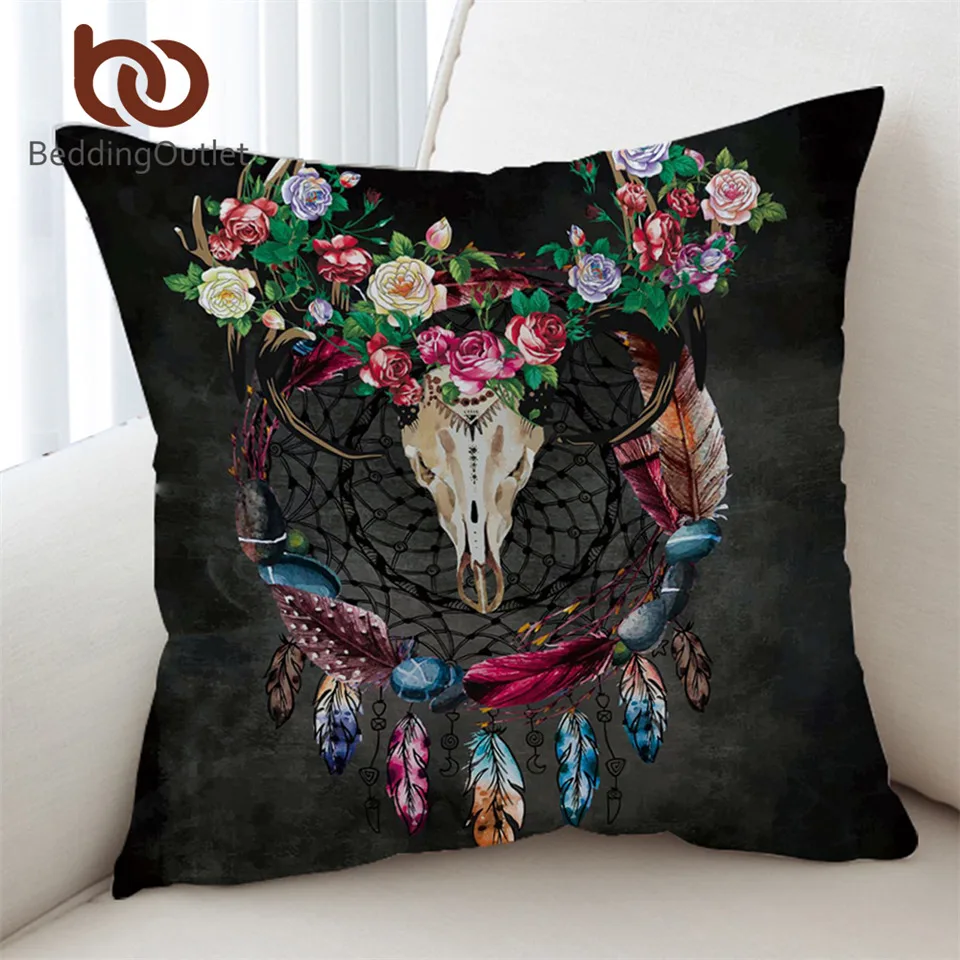 

BeddingOutlet Dreamcatcher Cushion Cover Tribal Horns Flowers Pillow Covers Gothic Skull Pillow Case Rustic Boho Funda Cojin