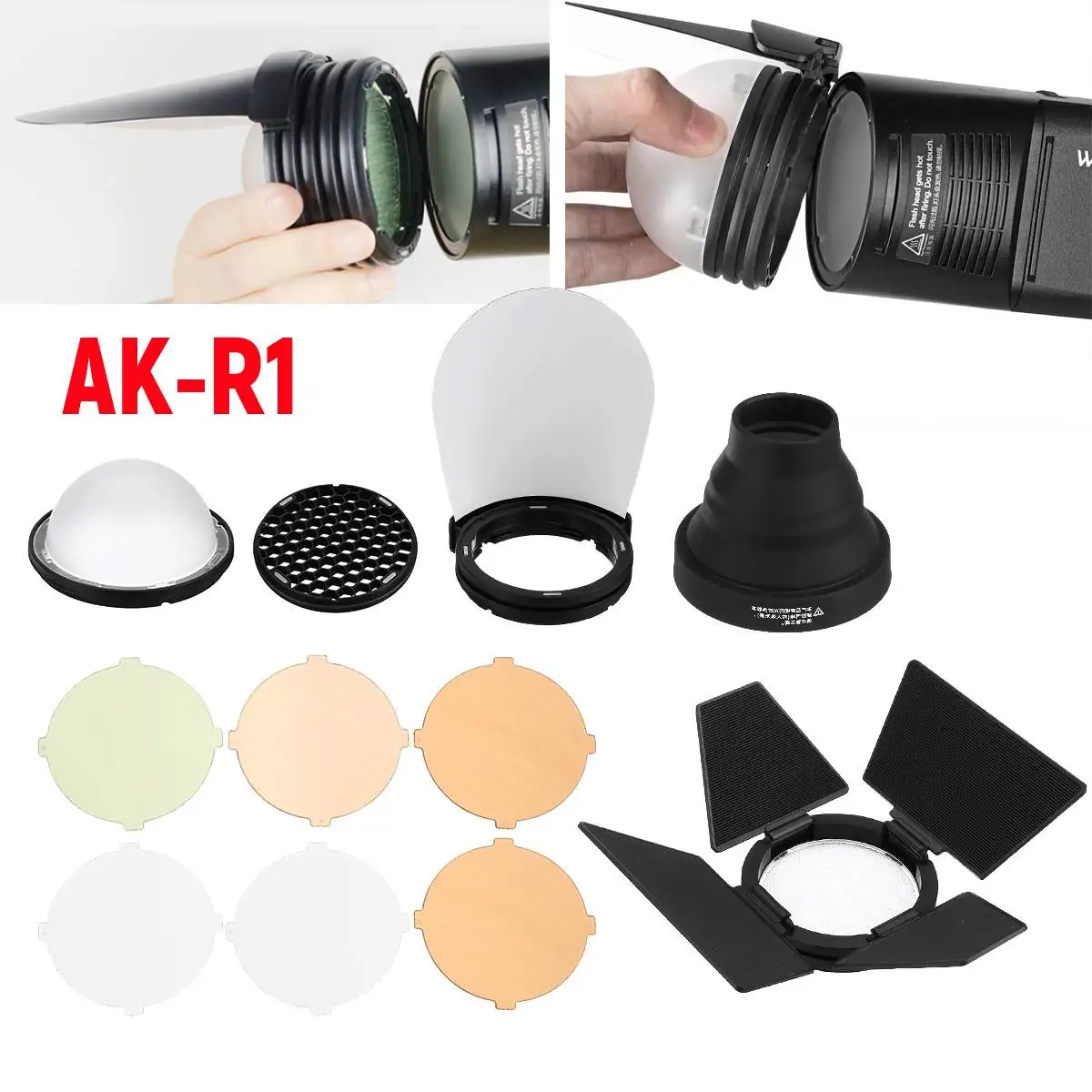 

AK-R1 Barn Door Snoot Color Filter Kits Reflector Honeycomb Diffuser Ball Kits For Godox H200R Round Flash Head