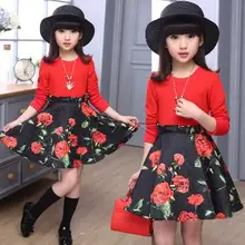 Платья с длинным рукавом белого красного цвета размер 120 до 160 платья для девочек-подростков Весна/Осень Одежда с цветами для детей от 10 до 12 лет