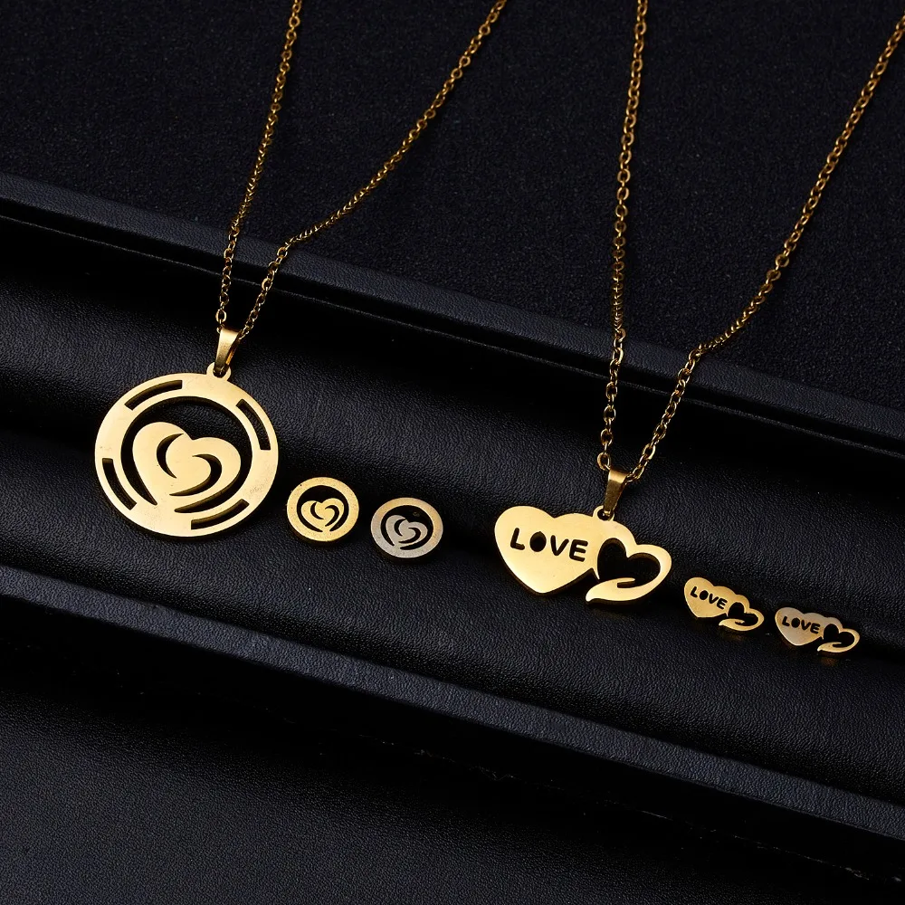 

Rinhoo 1Set Gold Stainless Steel Hollow Heart Flower Shape Lettering Pendant Necklace Earrings Jewelry Set Mothers Day's Gift