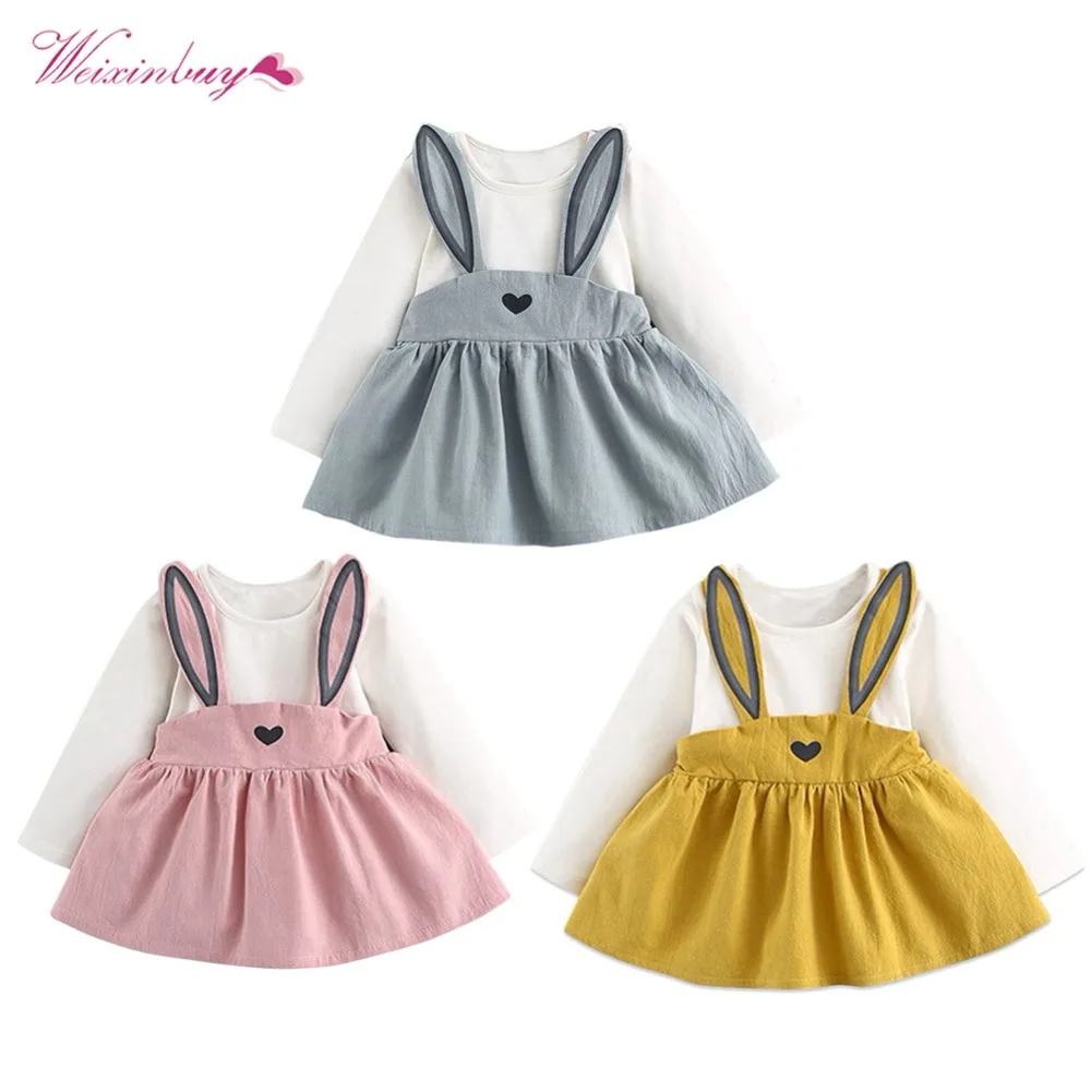 WEIXINBUY/платье с длинными рукавами для маленьких девочек; платье для маленьких девочек с милым кроликом и цветочным принтом; сезон осень-зима
