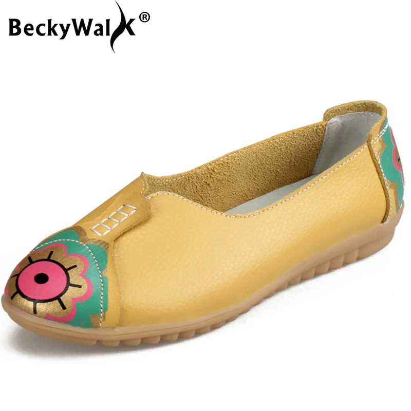 

BeckyWalk 2019 Genuine Leather Flat Shoes Woman Hand-sewn Leather Loafers Spring Summer Print Shoes Women Flats Shoes WSH2700