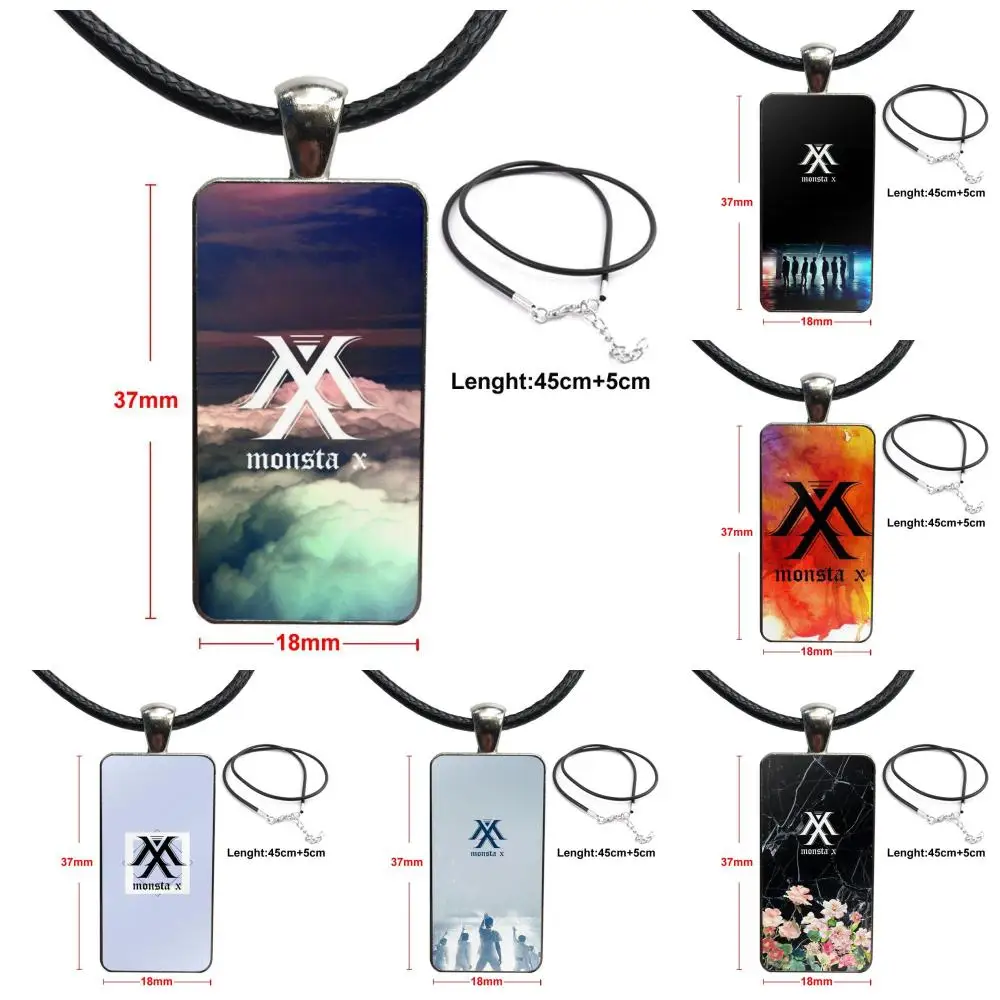 

Korea Kpop Monsta X Glass Cabochon Jewelry Stainless Steel Color With Long Pendant Choker Rectangle Necklace For Schoolgirl Maxi
