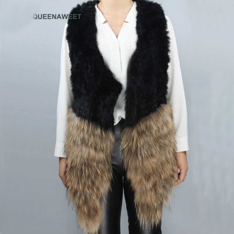 

Real Fur Vest Knitted Rabbit And Raccoon Fur Vest Fox Fur Gilet Overcoat Outwear women clothes 2018
