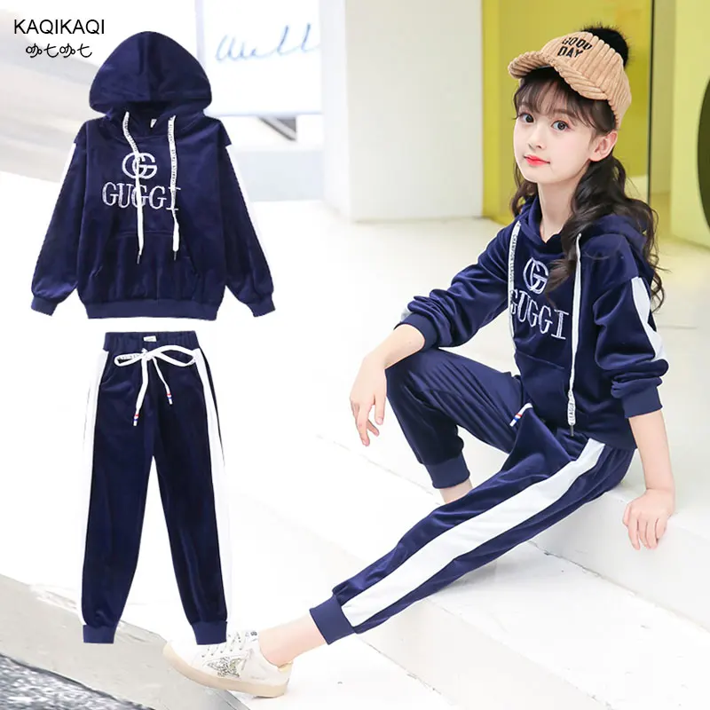 

2018 New Spring Autumn Children's Clothes Baby Girls Hoodies Pants Sport Sets Gold Velet Suits Coat Kids Clothing