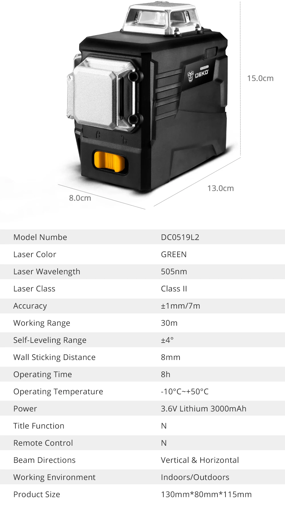 DEKO DC Series 12 Lines 3D Green Laser Level Horizontal And Vertical Cross Lines With Auto Self-Leveling, Indoors and Outdoors