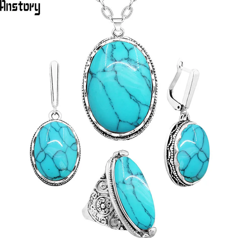 Oval Synthetic Turquoises Jewelry Set Choker Necklace Earrings Rings For Women Hollow Flower Pendant Stainless Steel Chain