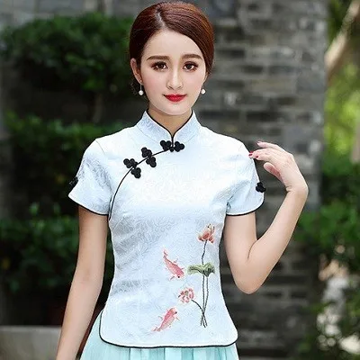 Camisa Китай Mujer лето узор улучшить Cheongsam рубашки Топы Вышивка костюм для выступлений короткий рукав Китай одежда XXXL 4XL - Цвет: short sleeve blue