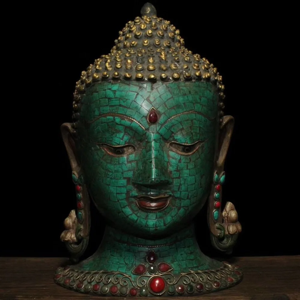 

christmas 11" Tibet Buddhism Bronze Inlay turquoise Gem Shakyamuni mask Buddha statue halloween