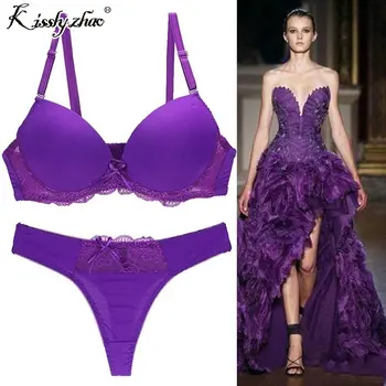 

Sexy Thong lady push up bra set Lace hollow out bralette underwear panty set intimates Black Red Women bra brief set