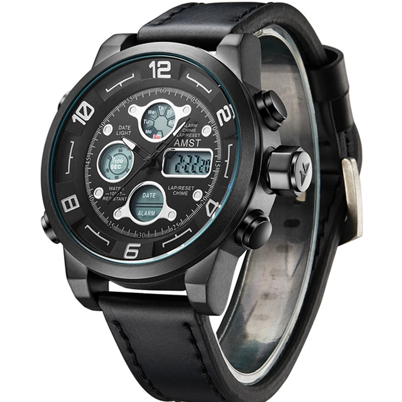 AMST Brand Men Leather Sport Quartz Led Dual Display Watch 50M Waterproof Military Male