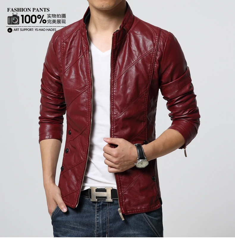 Autumn and winter new men's stand collar slim leather, Europe and America large size fashion PU leather solid color jacket leather field jacket