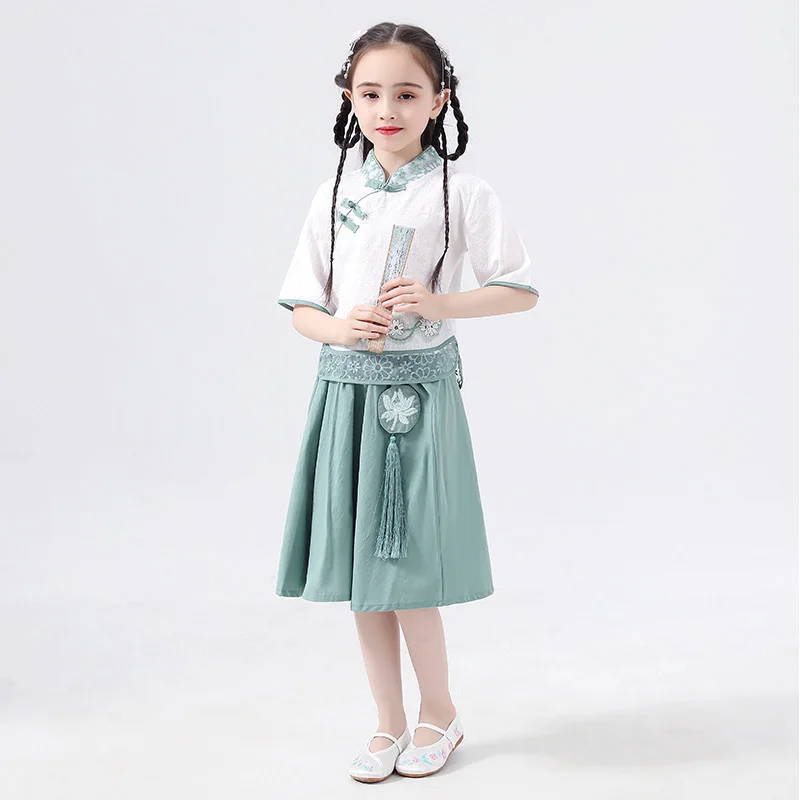 Hanfu/юбка в китайском стиле; летнее платье для девочек; Китайские Древние Традиционные розовые/зеленые народные платья ханфу; Одежда для танцев; DQL1226 - Цвет: Green