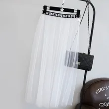 Женская Сексуальная плиссированная длинная юбка летняя Корейская женская сексуальная высокая талия прозрачная Тюлевая Сетка кружевная Прозрачная Черная миди юбка женская