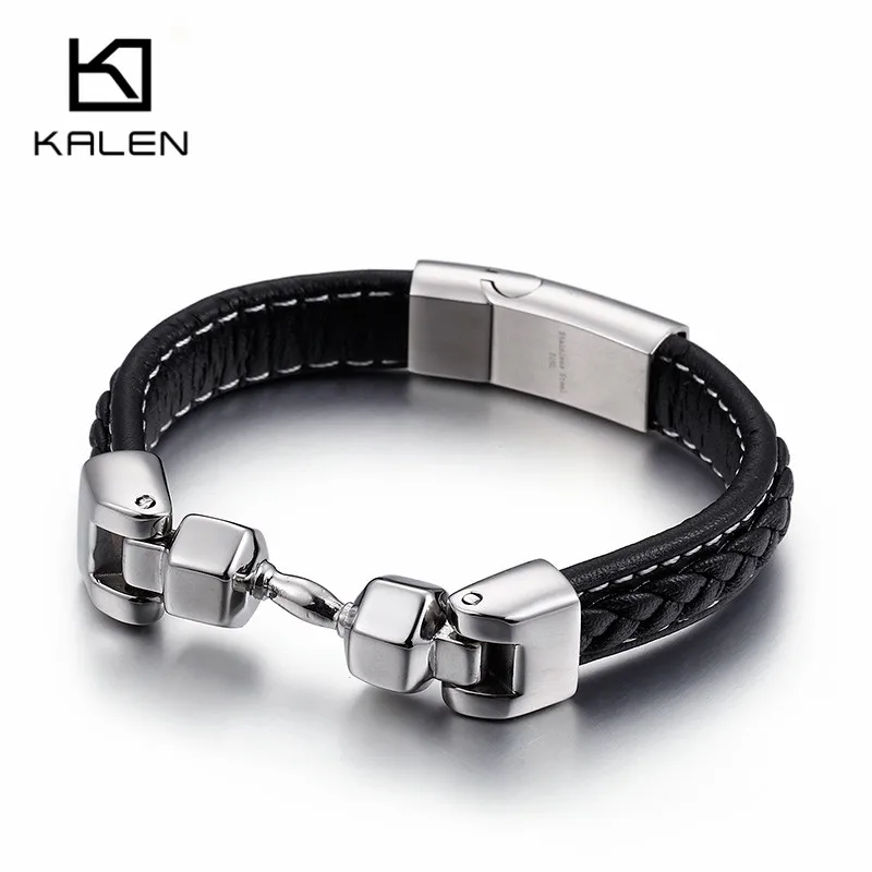 KALEN Vintage Black Leather Bracelets For Men Stainless Steel Dumbbell
