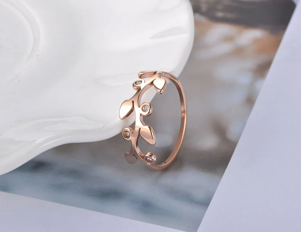 JeeMango дизайн горный хрусталь Листья розовое золото цвет кольцо ювелирные изделия для девочек из нержавеющей стали кольца на годовщину Bague R19005
