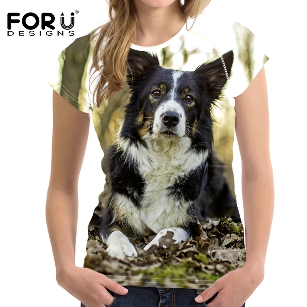 FORUDESIGNS Brand Design Woman Summer T Shirt Funny 3D Dog Little Border Collie Printed O Neck T-shirt for Teen Girls Short Tees | Женская