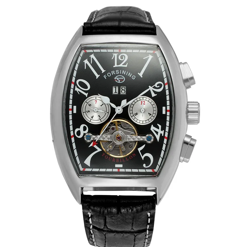 Forsining Топ Роскошные автоматические мужские часы механические часы Tourbillon Мужские спортивные прямоугольные часы мужские кожаные Ретро наручные часы - Цвет: black silver black