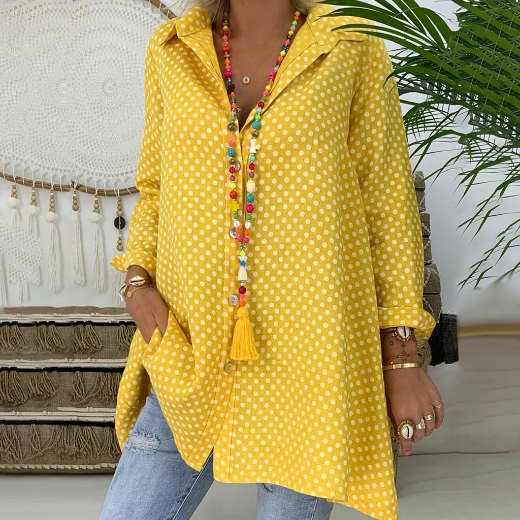 

Plus Size Womens Tops And Blouses Woman Clothes 2019 Vintage Polka Dot Print Long Sleeve Long Shirt Women Tunic Ladies Tops