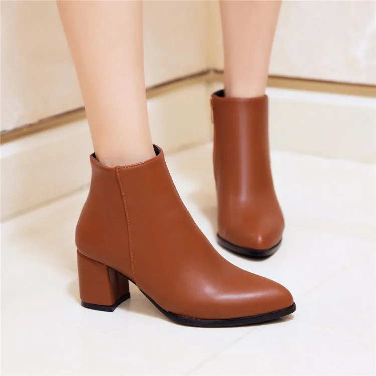 

Big Size 11 12 13 14 15 16 Ma'am Coarse heel Short boots Pure color Pointed Fashion boot barrel High heel boots