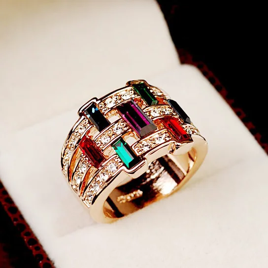 

Multi Color Cubic Zirconia Crystal column Wide Chunky Cocktail Party Ring Rose Gold Color Women Statement Jewelry