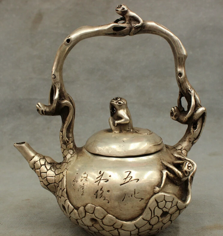 

S4974 8" Folk Chinese Silver Collect Wealth Monkey Statue Bronze Tree Teapot Wine Pot D0317