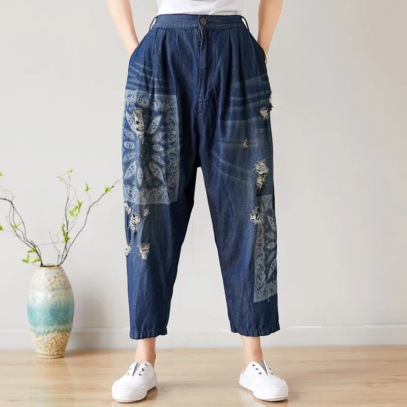 

Women Loose Ripped Scratched Denim Pants Jeans Ladies Elastic Waist Denim Trousers Bleached Holes Vintage Pants 2019 Summer