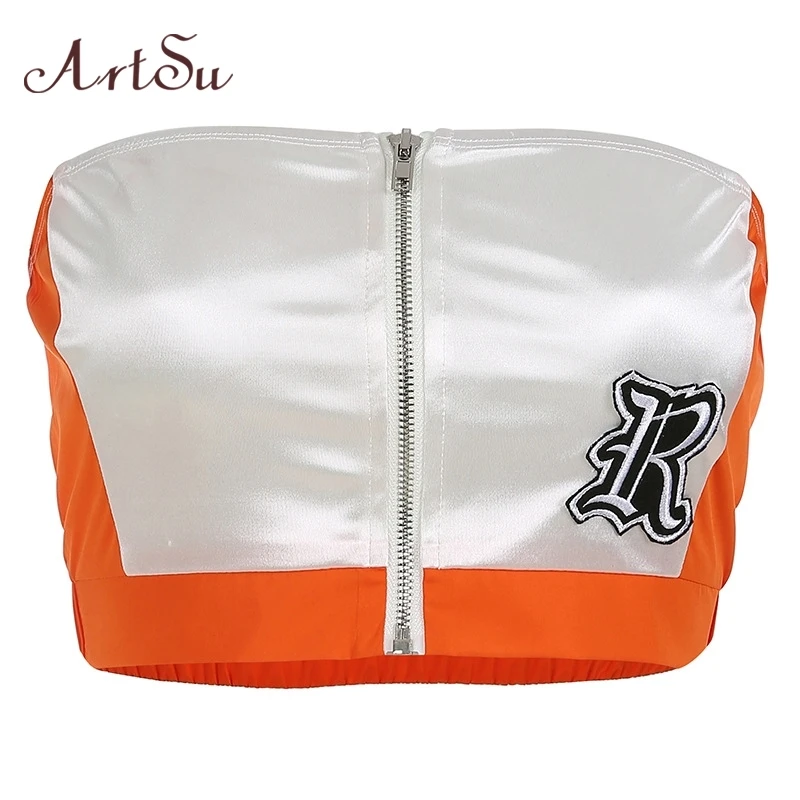 

ArtSu Patchwork Strapless Crop Top Harajuku Gothic Sleeveless Top Women Orange Printed Backless Bandeau Tube Tops Tees ASVE20734