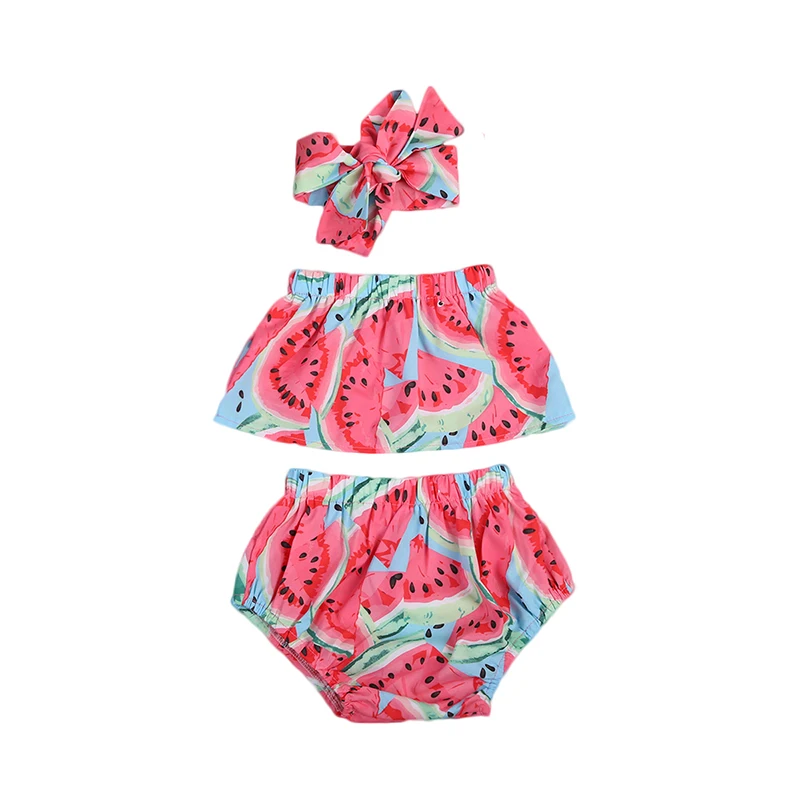 

2017 Summer Watermelon Newborn Baby Girl Clothing Set Off shoulder Crop Tops+Baby Bloomers Shorts Headband Outfit 3PCS Clothes