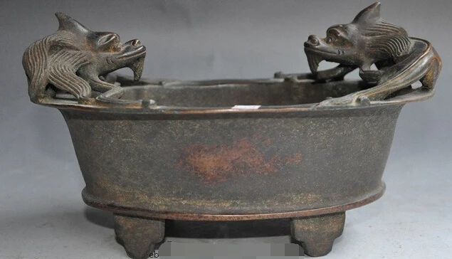 

xd 002932 9"Chinese 100% Pure purple Bronze dragon head beast statue Incense Burner Censer