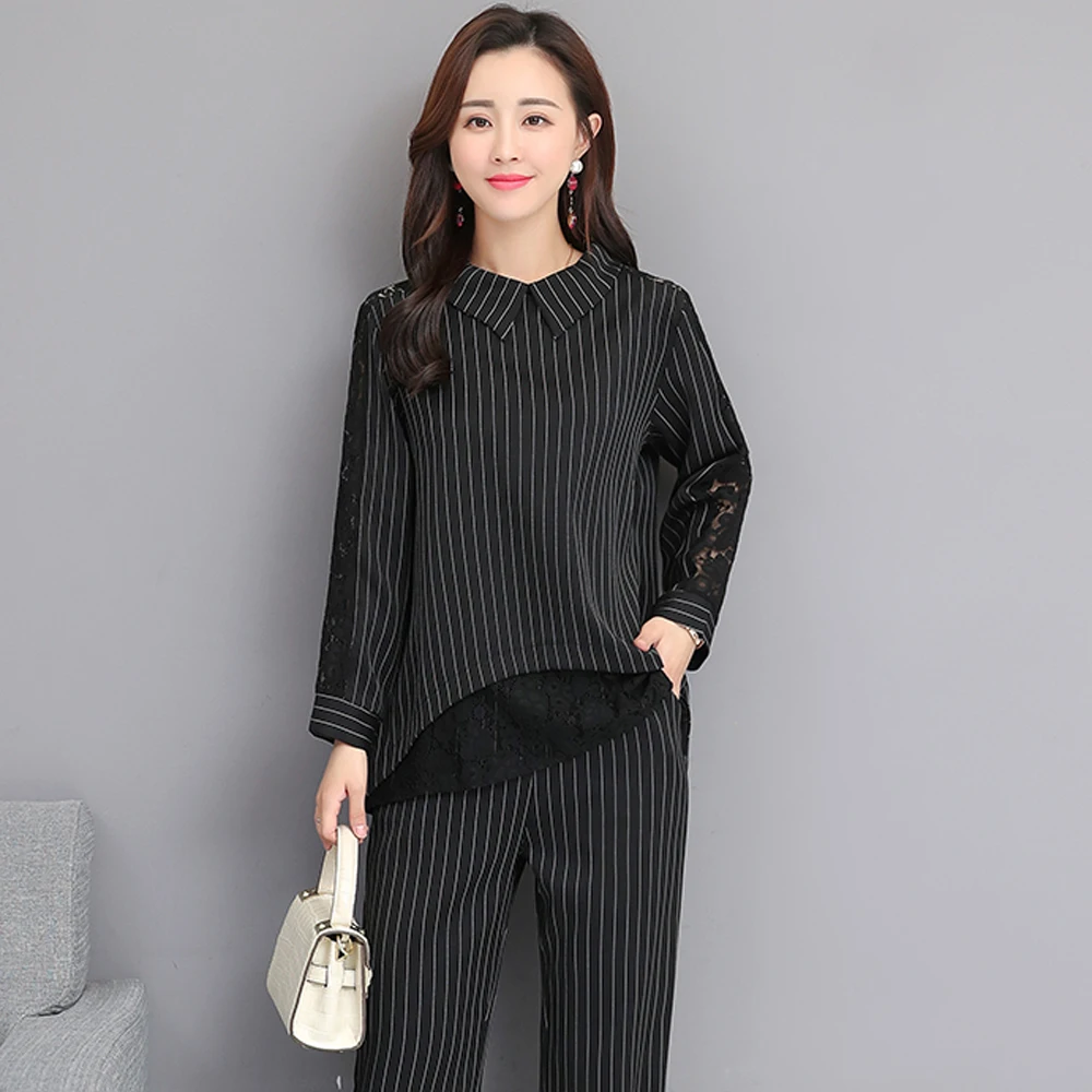

Plus Size Large Women Outfit Co-ord Set Striped 2 Piece Set Pantsuits 2019 Winter Autumn Lace Top and Pant Suits black Clothes