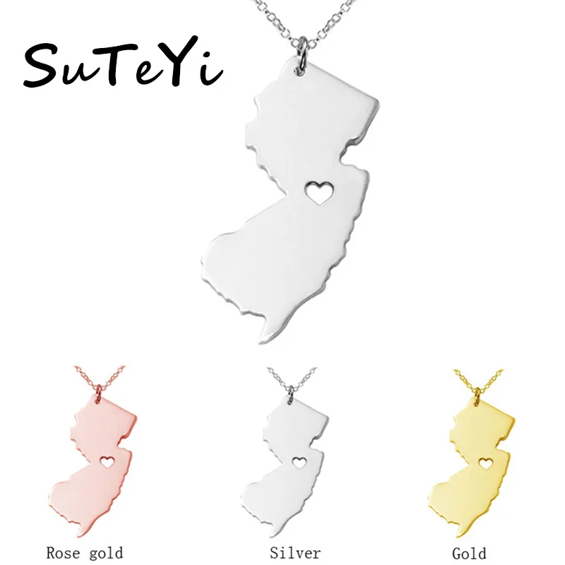 

SUTEYI Jersey State Necklace, rose Gold Plate Shaped Charm map Necklaces,Personalized New Jersey State With Heart 100% Handmade