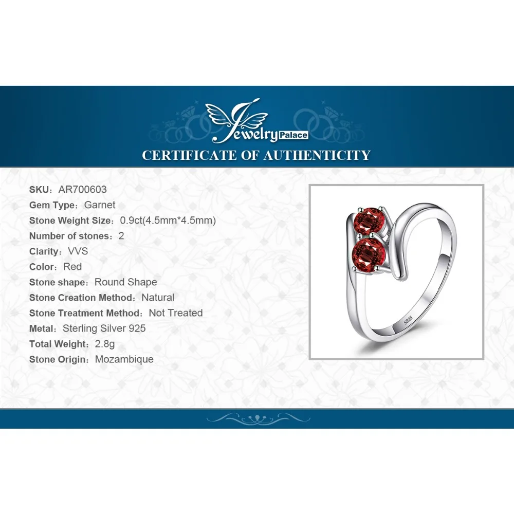 JewelryPalace Fashion 0.95ct Natural Red Garnet 2 Stone Wedding Bands Rings For Love 925 Sterling Silver Round Ring Fine Jewelry
